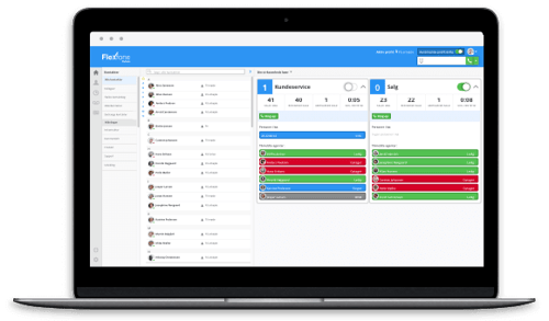 Flexfones online omstillingsbord med køoversigt, kontakter og softphone med funktioner som omstilling og viderestilling. 