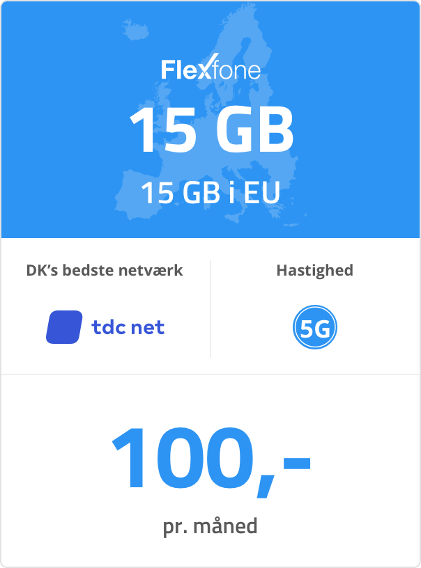 Mobilt bredbåndspakke: 15 GB. 15 GB i EU. 100 kr. pr. måned.