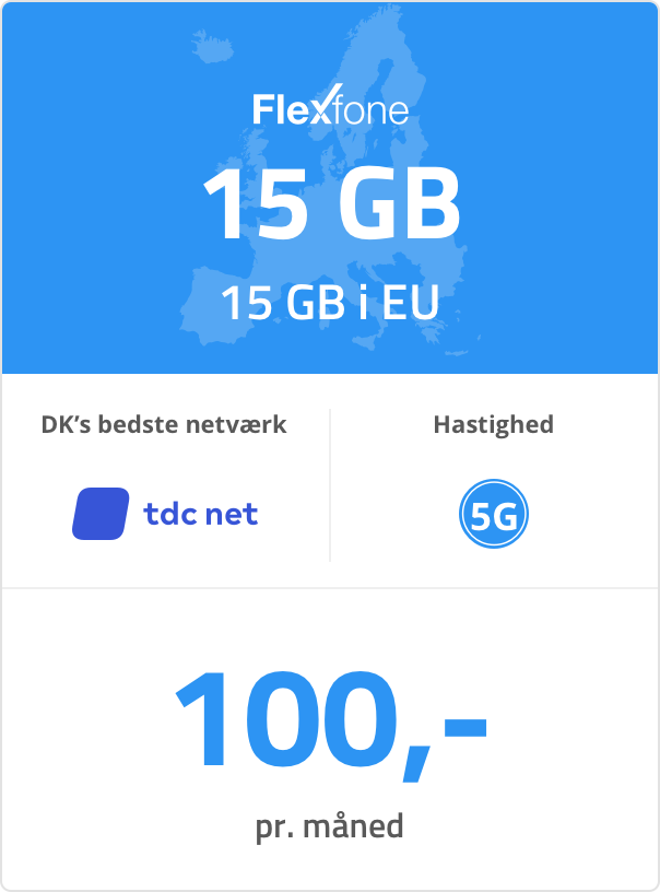 Mobilt bredbåndspakke: 15 GB. 15 GB i EU. 100 kr. pr. måned. Mobilt bredbåndspakke: 15 GB. 15 GB i EU. 100 kr. pr. måned.