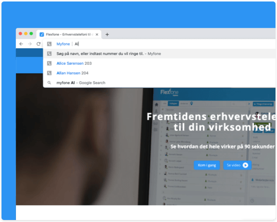 Skriv myfone i adresselinjen og tryk på tab-knappen på tastaturet for at søge blandt kontaktpersoner og ringe dem op via Myfone.dk.