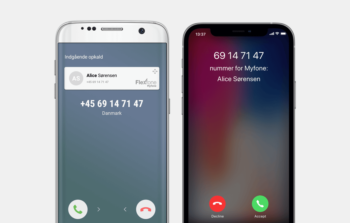 Hvis man har hentet Myfone app'en, vil man kunne se om et indgående opkald er fra en Fælles kontaktbog kontakt, uden at man har kontakten indtastet i sin telefonbog.
