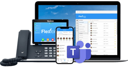 Flexfones fire synkroniserede platforme; bordtelefon, mobil, softphone og telefoni i Microsoft Teams
