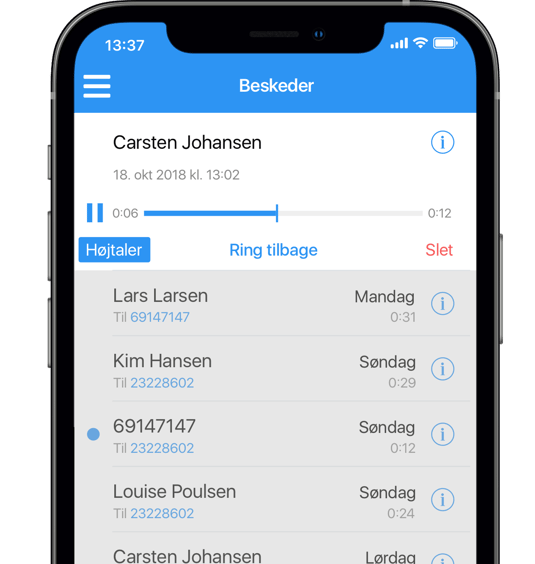 Afspil en telefonsvarerbesked i Myfone app'en eller på Myfone.dk. Du kan også her slette telefonsvarerbeskeden eller ringe tilbage til nummeret.