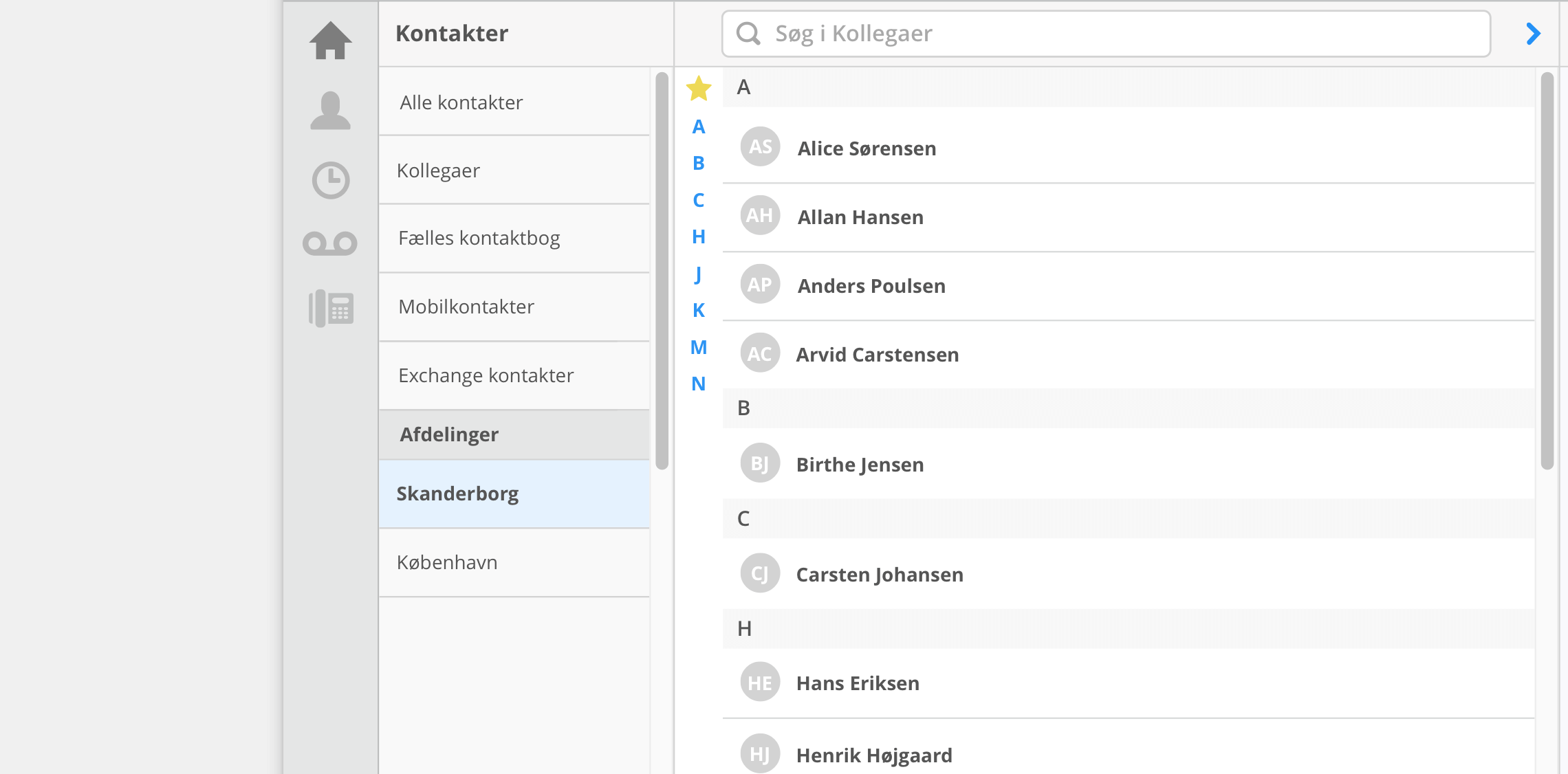 Inddel kontakter i flere afdelinger, som f.eks. forskellige lokationer såsom Skanderborg eller København.