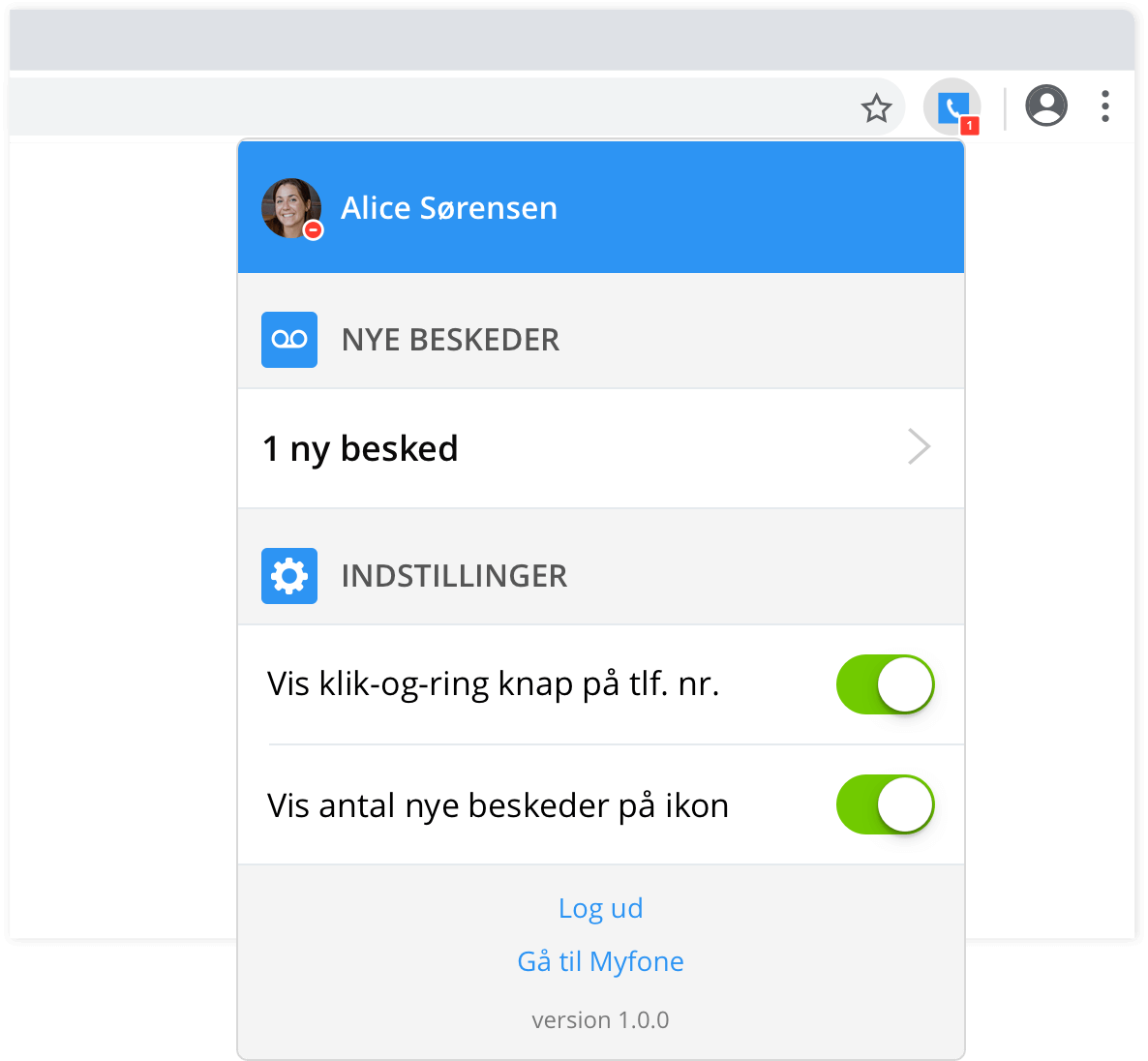 Myfone Chrome-udvidelsen installeres nemt i din Chrome browser, så du kan se dine nyeste telefonsvarerbeskeder samt indstillinger.
