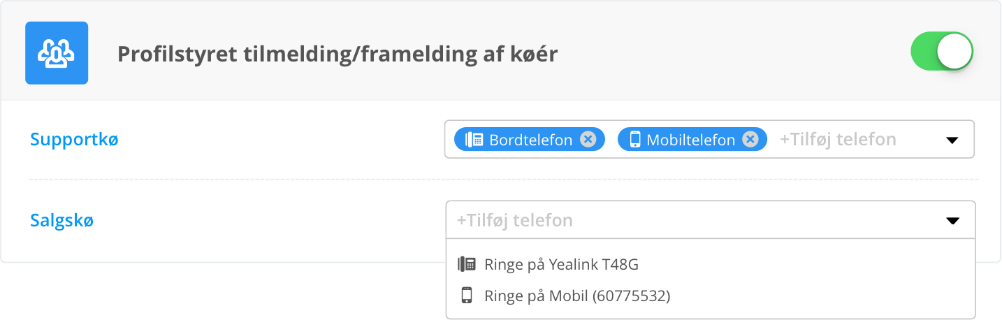 Du kan også indstille profiler til automatisk at tilmelde én eller flere af dine telefoner til virksomhedens telefonkøér, når en bestemt profil er aktiv. Du kan f.eks. være tilmeldt kundeservicekøen, når din arbejds-profil er aktiv og automatisk undgå opkaldene til køen, når du skifter til din møde-profil.