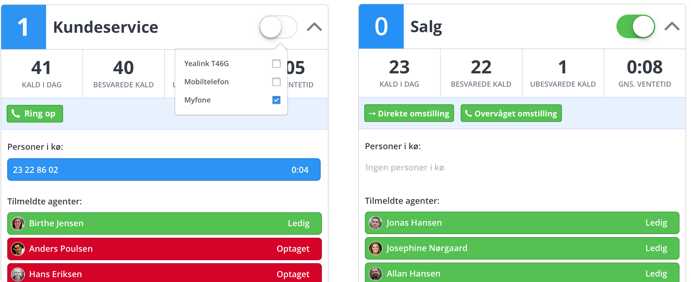 Med Myfone og Flexfones telefonsystem kan I nemt tilmelde jer telefonkøer gennem Myfone.dk og Myfone app'en. I kan selve bestemme om I vil tilmelde en bordtelefon, mobiltelefon eller softphone til hvilken som helst kø. I får også statistik på en kø så I kan se hvor længe en kunde har ventet i køen og hvor mange opkald der er blevet taget. I kan også lave en omstilling til en kø når I har et aktivt opkald. **