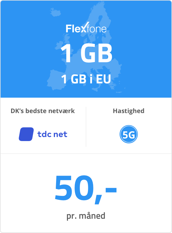 Mobilt bredbåndspakke: 1 GB. 1 GB i EU. 50 kr. pr. måned.