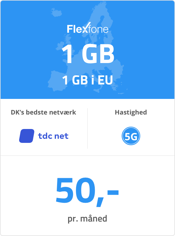 Mobilt bredbåndspakke: 1 GB. 1 GB i EU. 50 kr. pr. måned. Mobilt bredbåndspakke: 1 GB. 1 GB i EU. 50 kr. pr. måned.