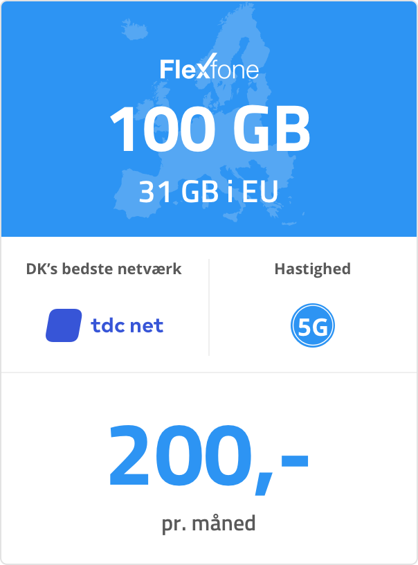 Mobilt bredbåndspakke: 100 GB. 31 GB i EU. 200 kr. pr. måned.