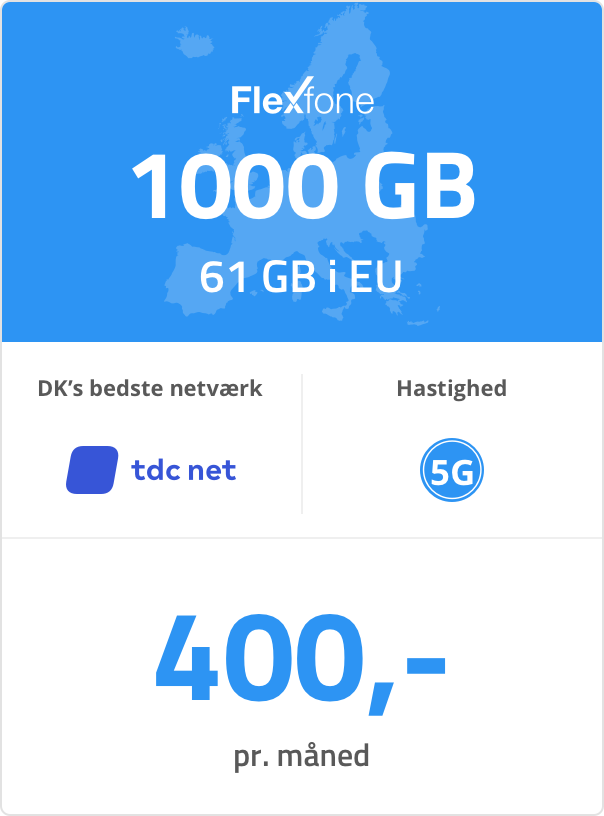 Mobilt bredbåndspakke: 1000 GB. 61 GB i EU. 400 kr. pr. måned.