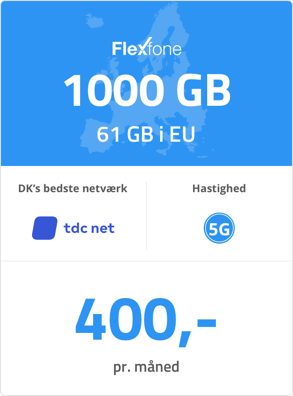 Mobilt bredbåndspakke: 1000 GB. 61 GB i EU. 400 kr. pr. måned. Mobilt bredbåndspakke: 1000 GB. 61 GB i EU. 400 kr. pr. måned.