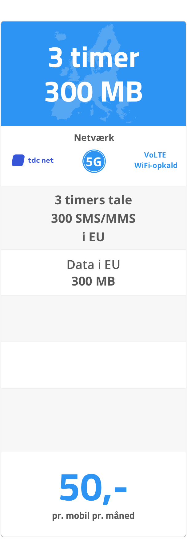 Mobilabonnement: 3 timers tale 300 MB. 5G netværk. 300 SMS/MMS i EU. Data i EU 300 MB. 50 kr. pr. mobil pr. måned.