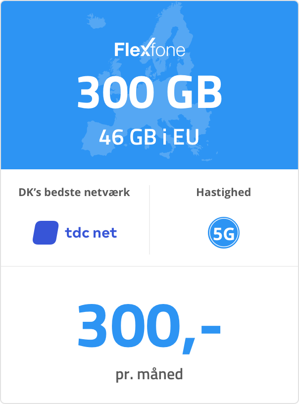 Mobilt bredbåndspakke: 300 GB. 46 GB i EU. 300 kr. pr. måned.