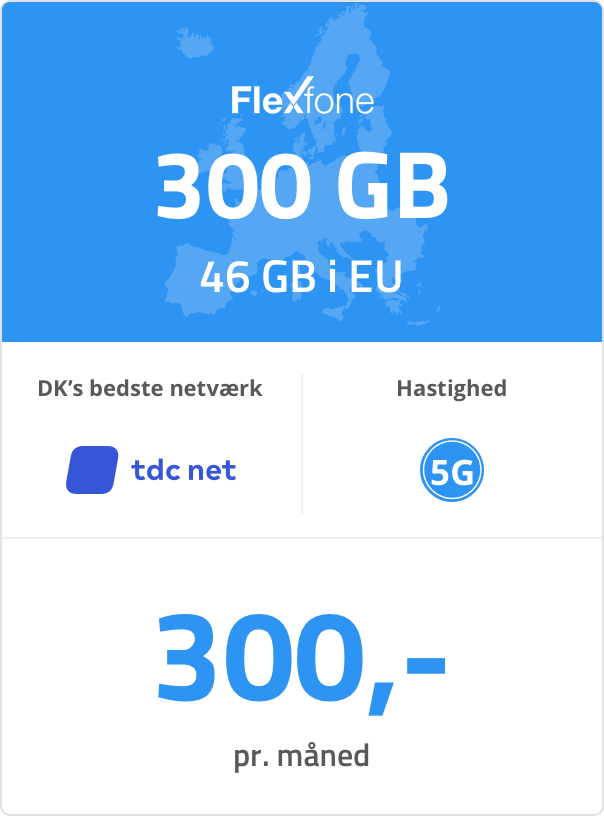 Mobilt bredbåndspakke: 300 GB. 46 GB i EU. 300 kr. pr. måned. Mobilt bredbåndspakke: 300 GB. 46 GB i EU. 300 kr. pr. måned.