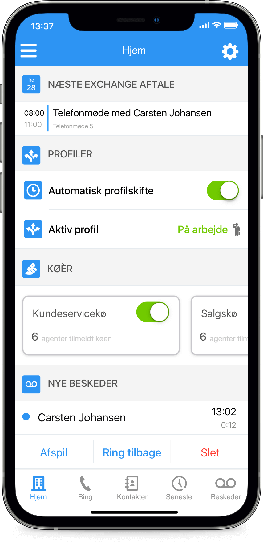 Myfone app'ens hjemskærm indeholder forskellige widgets, som f.eks. aftaler i din Outlook kalender, ringeprofiler, køer og visuel telefonsvarer