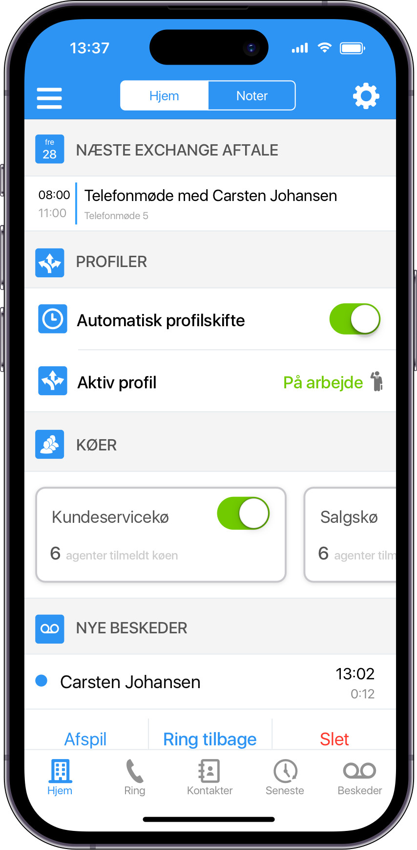 Myfone app'ens hjemskærm indeholder forskellige widgets, som f.eks. aftaler i din Outlook kalender, ringeprofiler, køer og visuel telefonsvarer