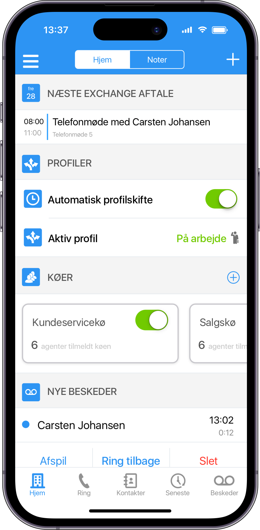 Myfone app'ens hjemskærm indeholder forskellige widgets, som f.eks. aftaler i din Outlook kalender, ringeprofiler, køer og visuel telefonsvarer