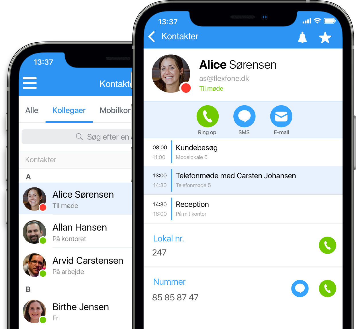 Se ringestatus på kollegaer i Myfone app'en kontaktbog. Du kan også se deres Outlook aftaler og ringe til dem
