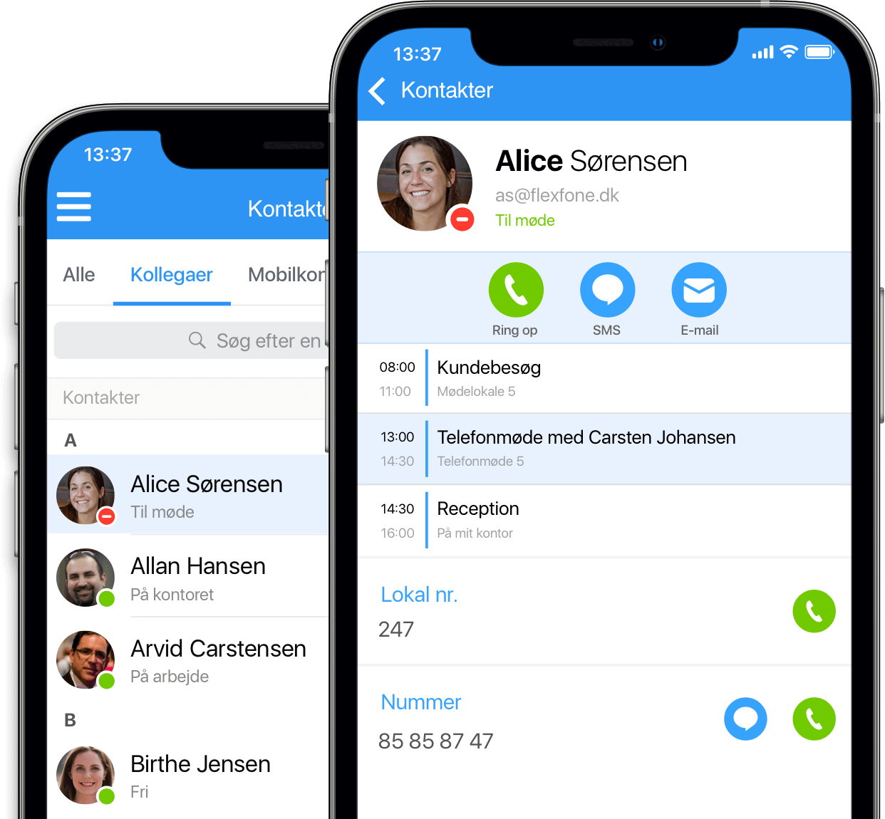 Se ringestatus på kollegaer i Myfone app'en kontaktbog. Du kan også se deres Outlook aftaler og ringe til dem.