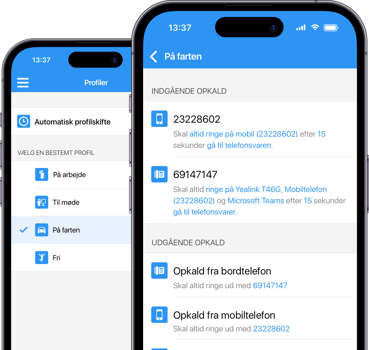 Med Myfone kan du indstille dine ringeprofiler så du bestemmer hvordan dine indgående og udgående opkald skal opføre sig. 