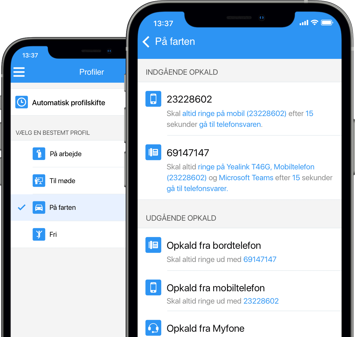Med Myfone kan du indstille dine ringeprofiler så du bestemmer hvordan dine indgående og udgående opkald skal opføre sig.