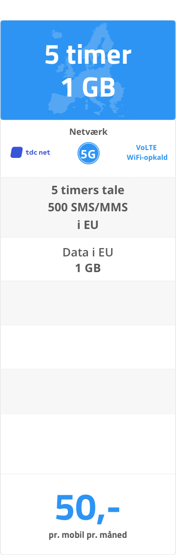 Mobilabonnement til erhverv: 5 timer tale + 1 GB - 50 kr. Mobilabonnement til erhverv: 5 timer tale + 1 GB - 50 kr.