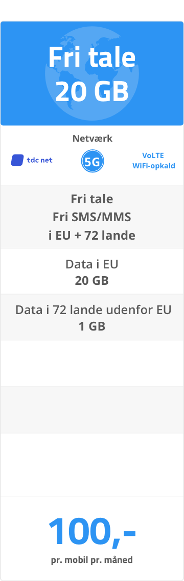Mobilabonnement til erhverv: Fri tale + 20 GB - 100 kr Mobilabonnement til erhverv: Fri tale + 20 GB - 100 kr