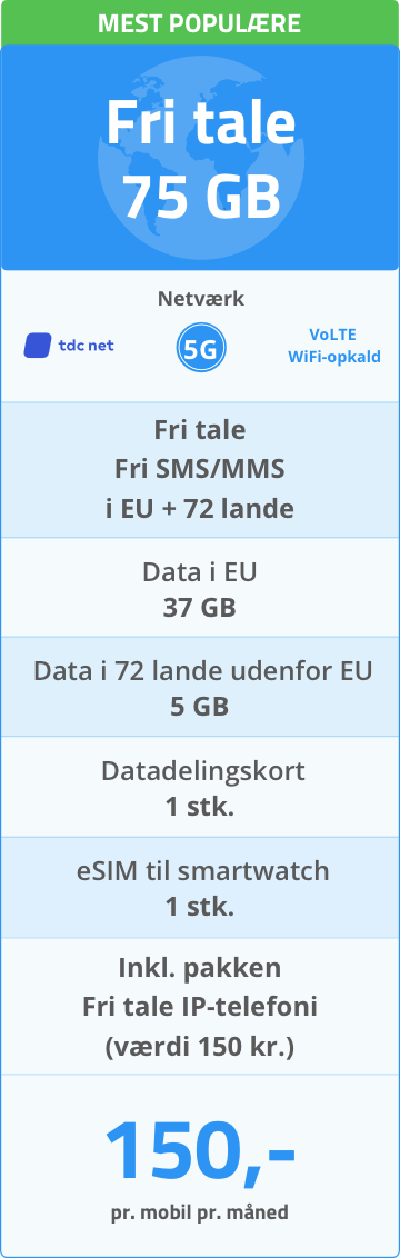 Mobilabonnement til erhverv: Fri tale + 75 GB - 150 kr. Mobilabonnement til erhverv: Fri tale + 75 GB - 150 kr.