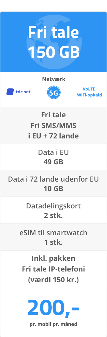 Mobilabonnement til erhverv: Fri tale + 150 GB - 200 kr. Mobilabonnement til erhverv: Fri tale + 150 GB - 200 kr.