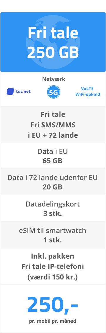 Mobilabonnement til erhverv: Fri tale + 250 GB - 250 kr. Mobilabonnement til erhverv: Fri tale + 250 GB - 250 kr.