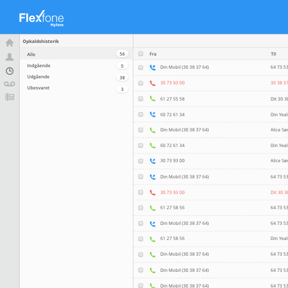 Myfone giver dig en oversigt over din opkaldshistorik. I historikken kan du også se, hvilket af dine numre, der er ringet til/fra.