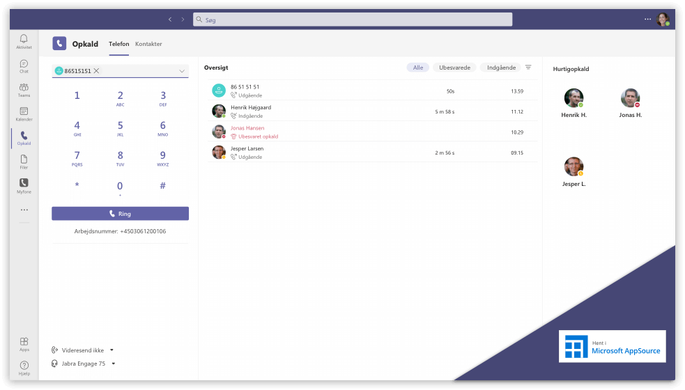 Opkaldsboks i Microsoft Teams.
